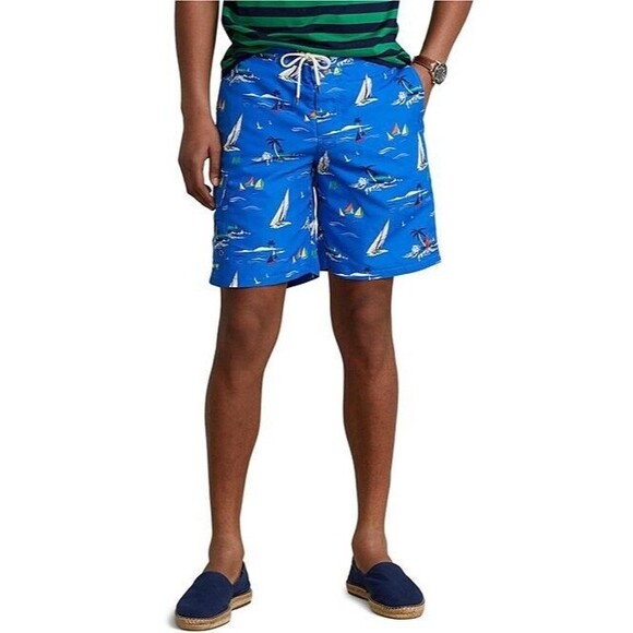 Polo Ralph Lauren Swim Trunks 8” MainStreet 3 Blue Tropical Mens Size S Sailboat - Picture 1 of 12